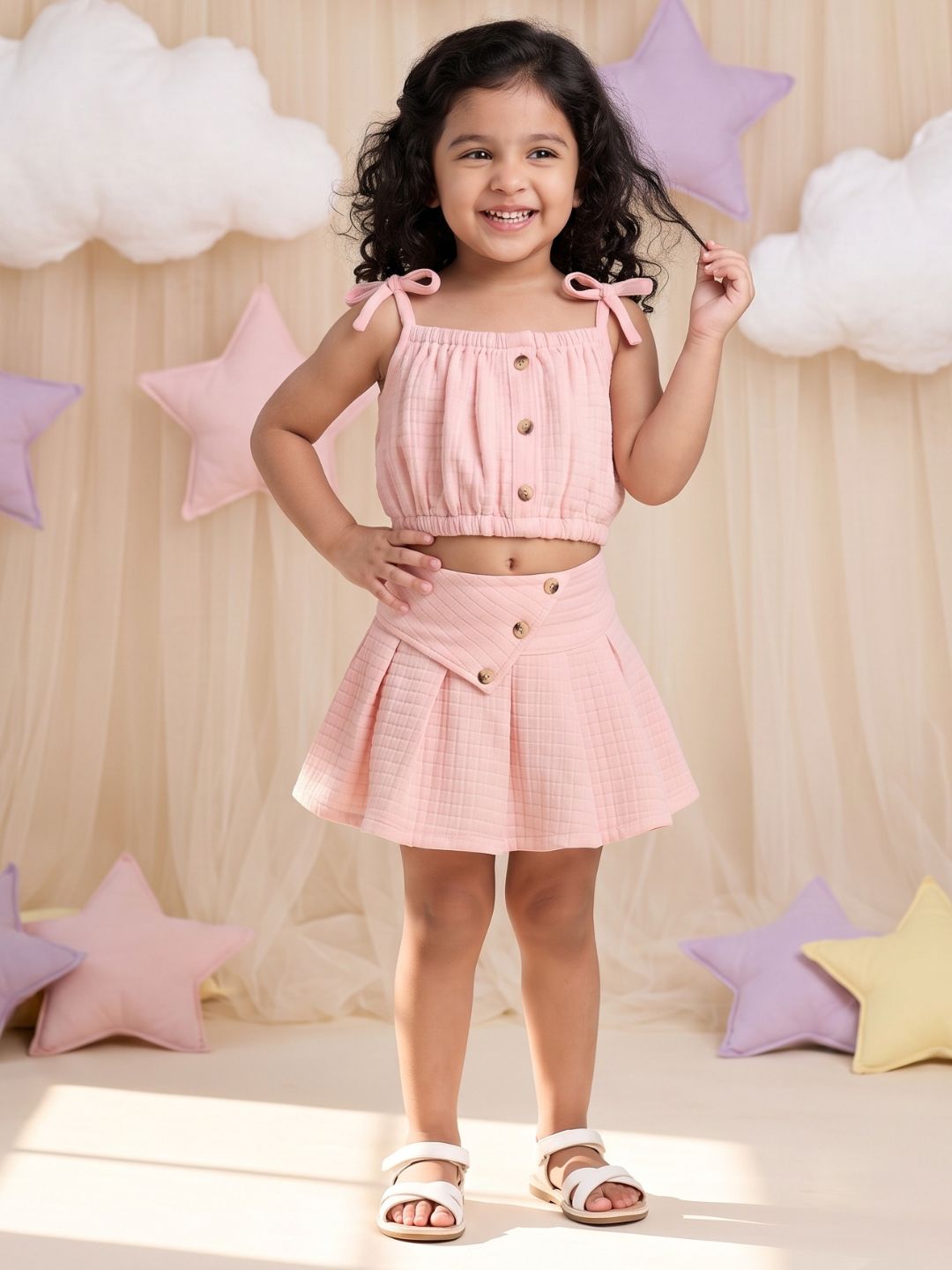 Peach Textured Cotton Co-Ords For Girls