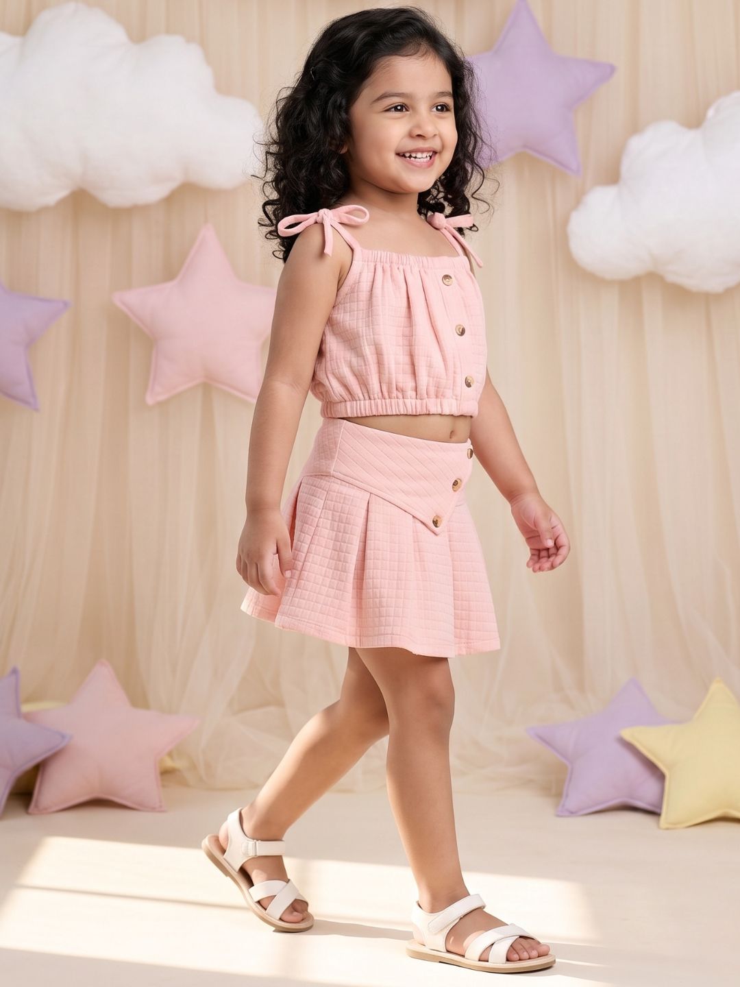 Peach Textured Cotton Co-Ords For Girls