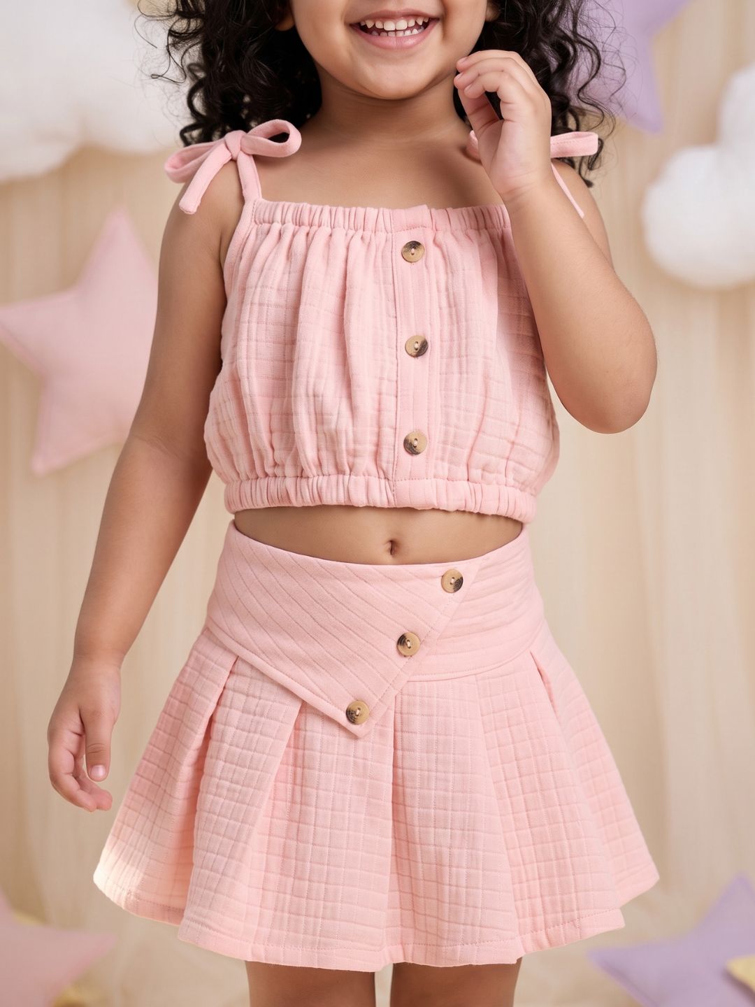Peach Textured Cotton Co-Ords For Girls