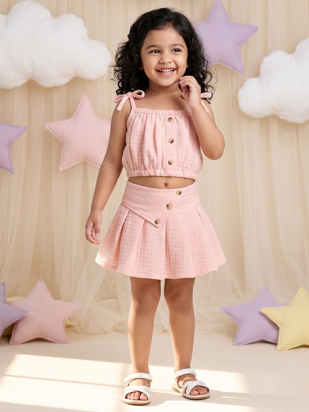 Peach Textured Cotton Co-Ords For Girls