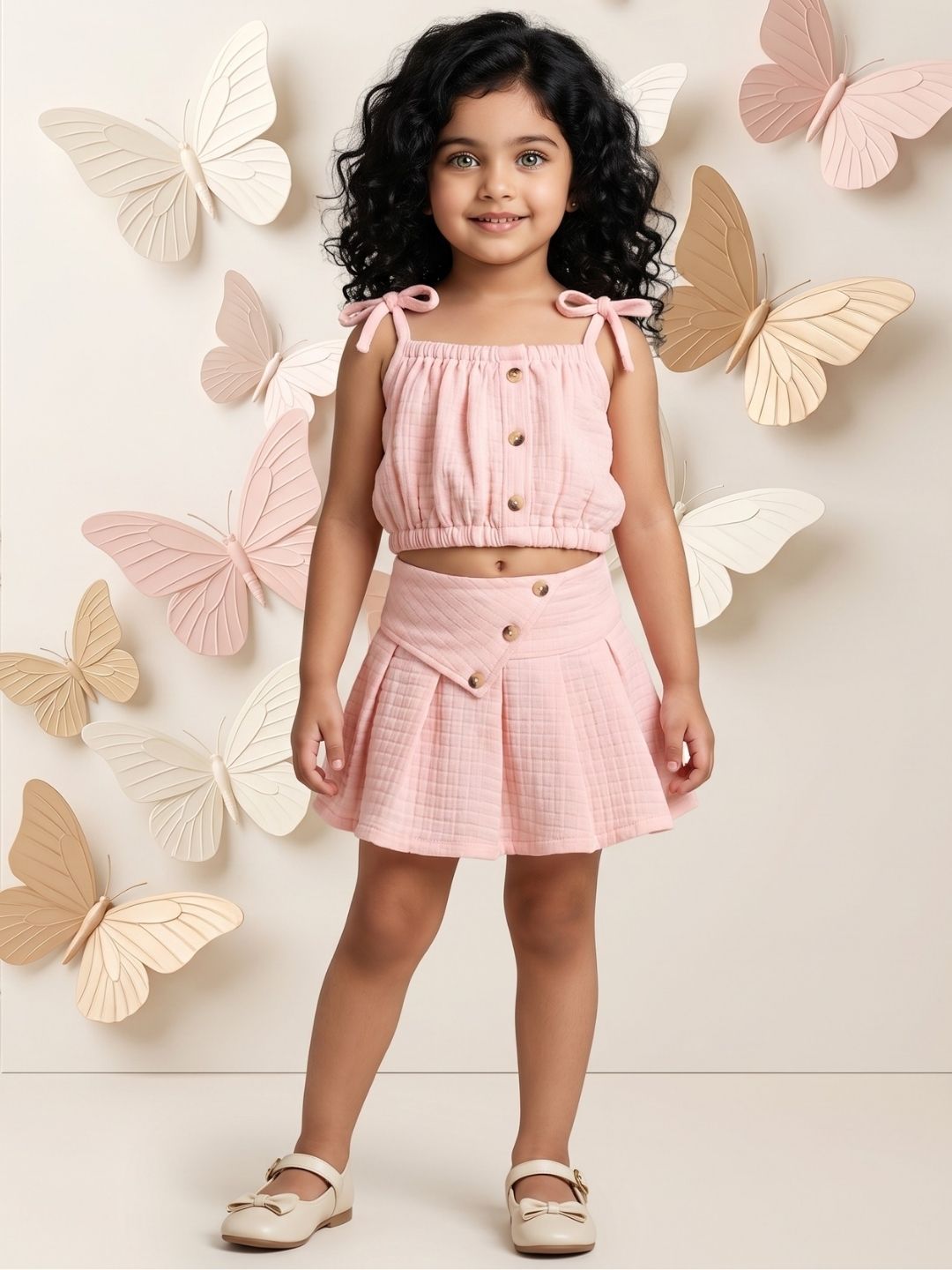 AJ Dezines Peach Textured Cotton Co-Ords For Girls