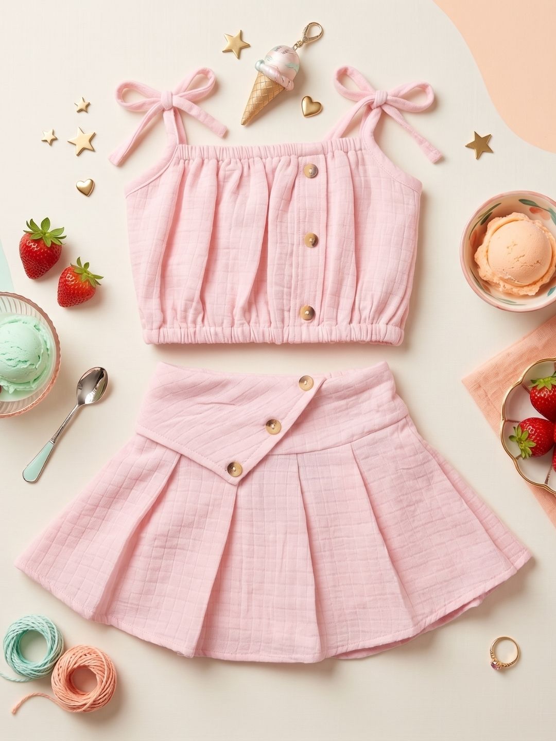 AJ Dezines Peach Textured Cotton Co-Ords For Girls