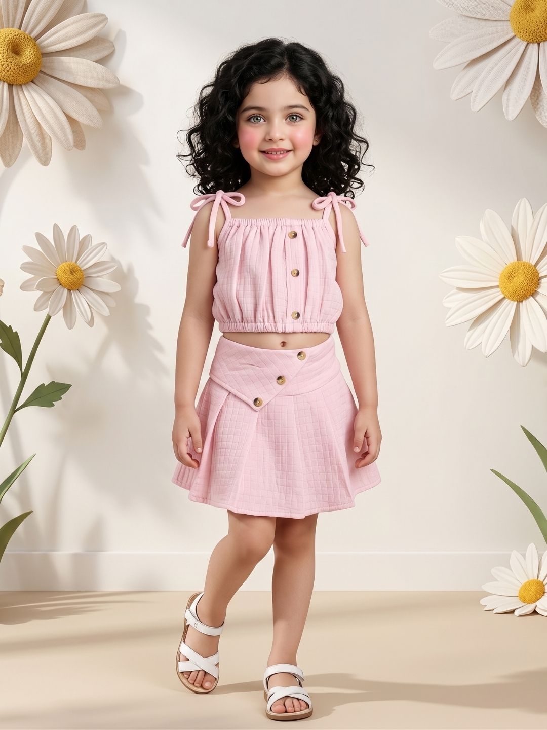 AJ Dezines Pink Textured Cotton Co-Ords For Girls