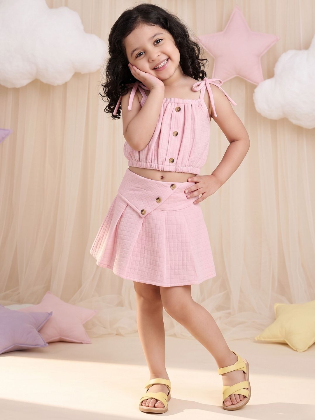 Pink Textured Cotton Co-Ords For Girls