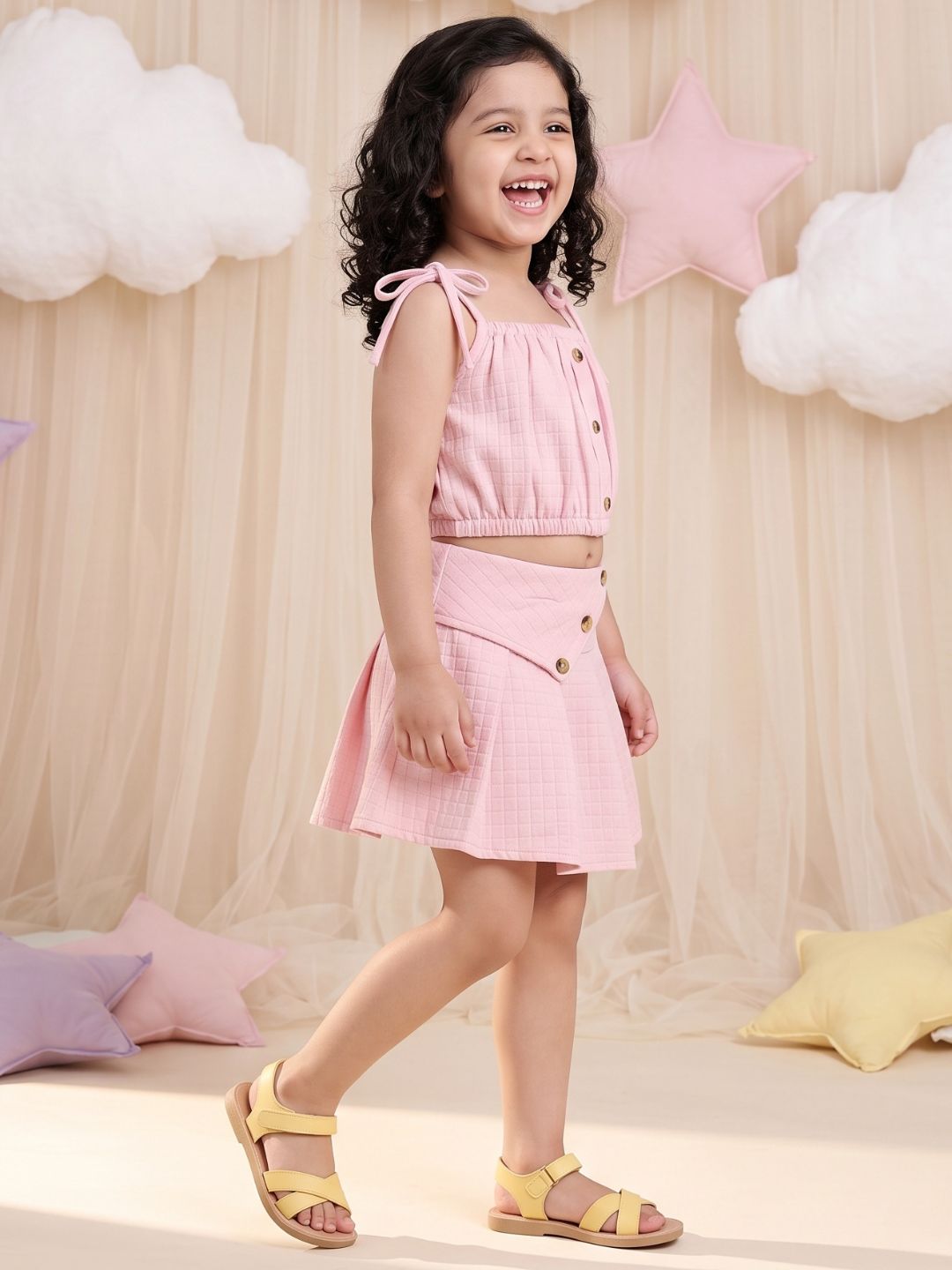 Pink Textured Cotton Co-Ords For Girls