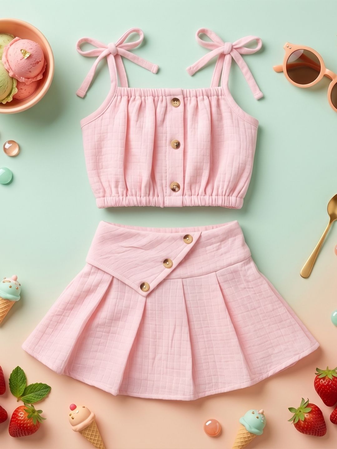 AJ Dezines Pink Textured Cotton Co-Ords For Girls