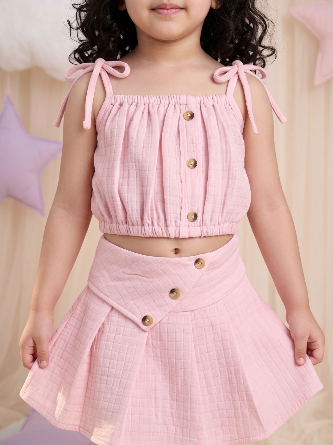 Pink Textured Cotton Co-Ords For Girls