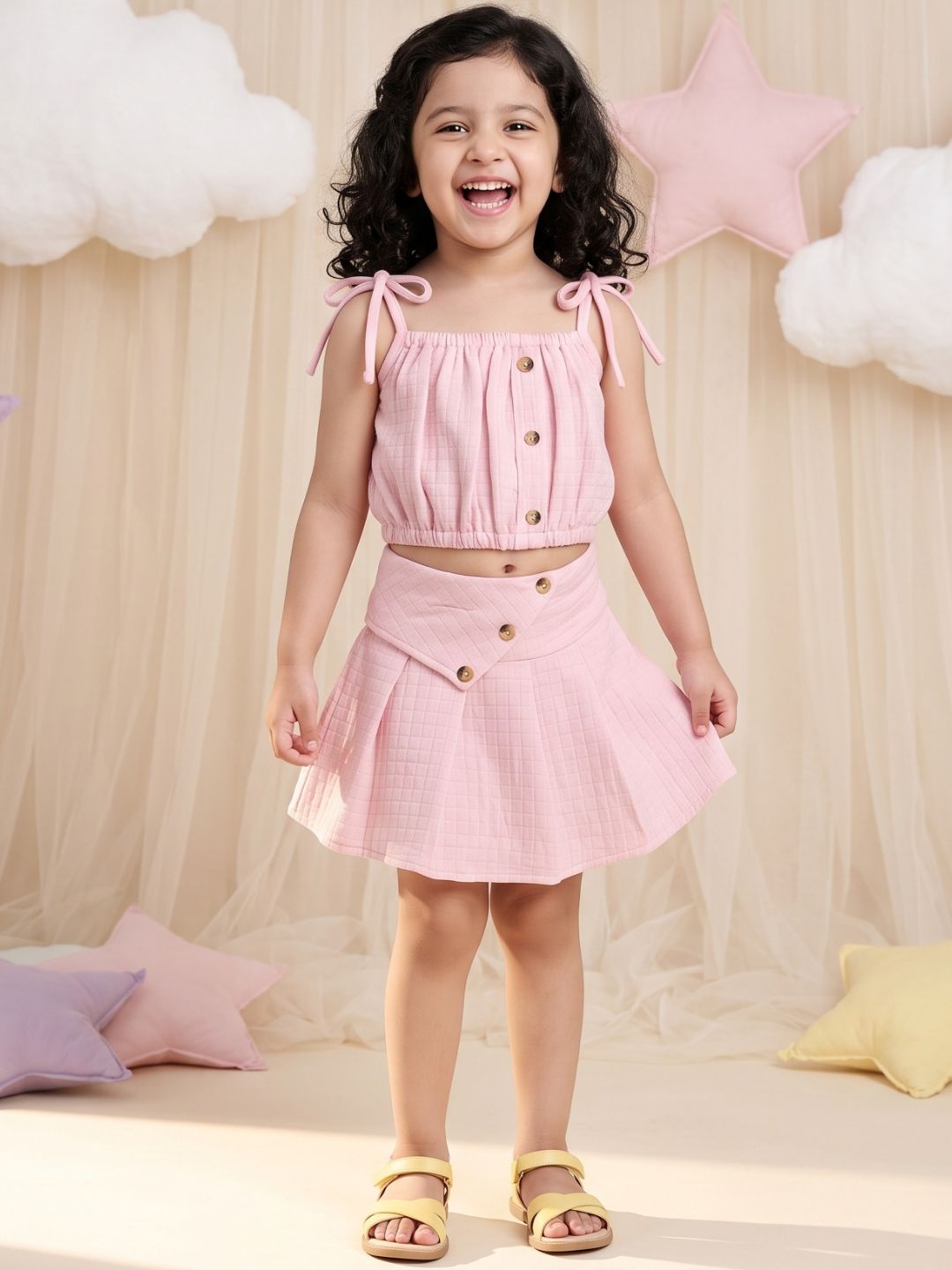 Pink Textured Cotton Co-Ords For Girls