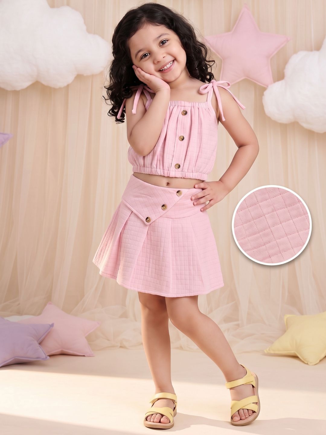 Pink Textured Cotton Co-Ords For Girls