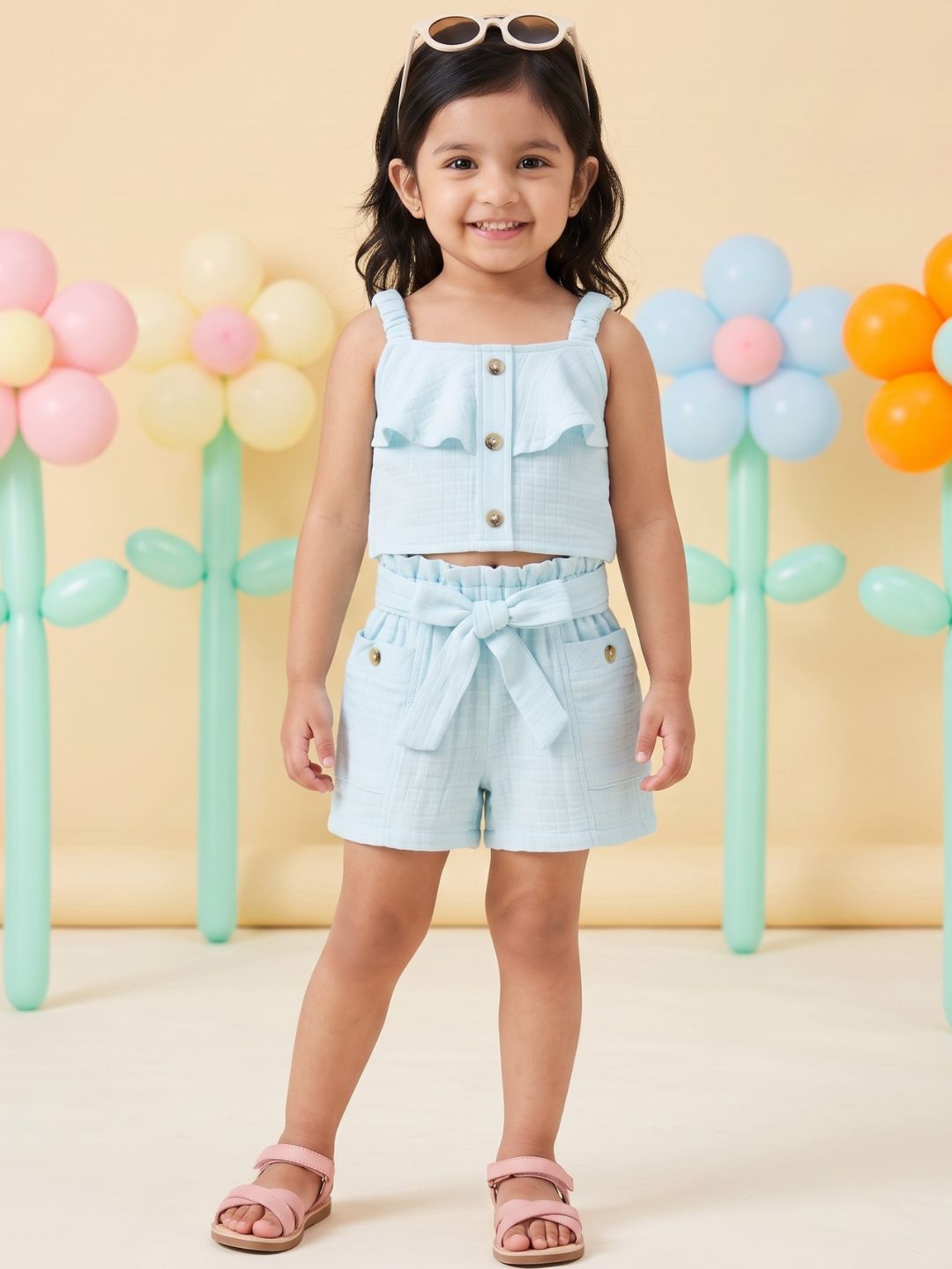 Blue Textured Cotton Co-Ords For Girls