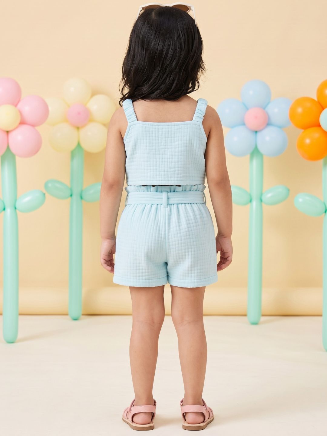 Blue Textured Cotton Co-Ords For Girls