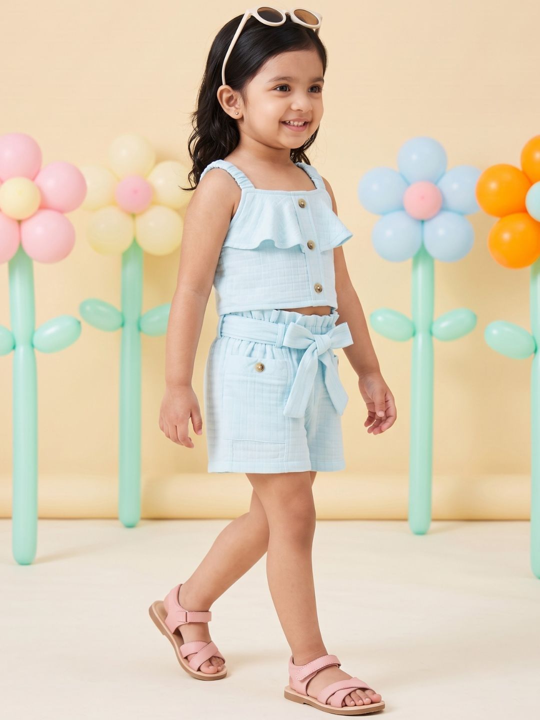 Blue Textured Cotton Co-Ords For Girls