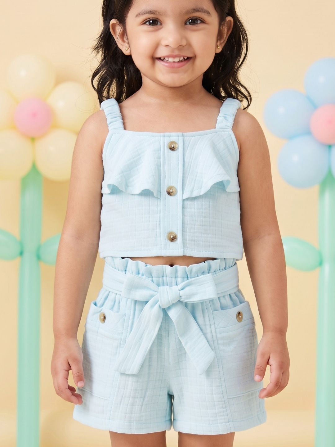 Blue Textured Cotton Co-Ords For Girls