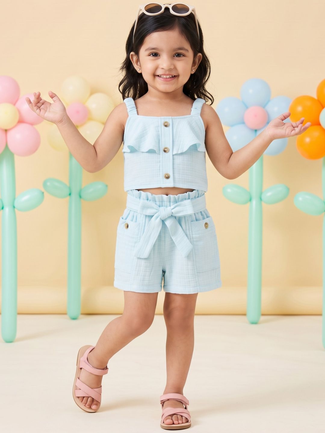 Blue Textured Cotton Co-Ords For Girls