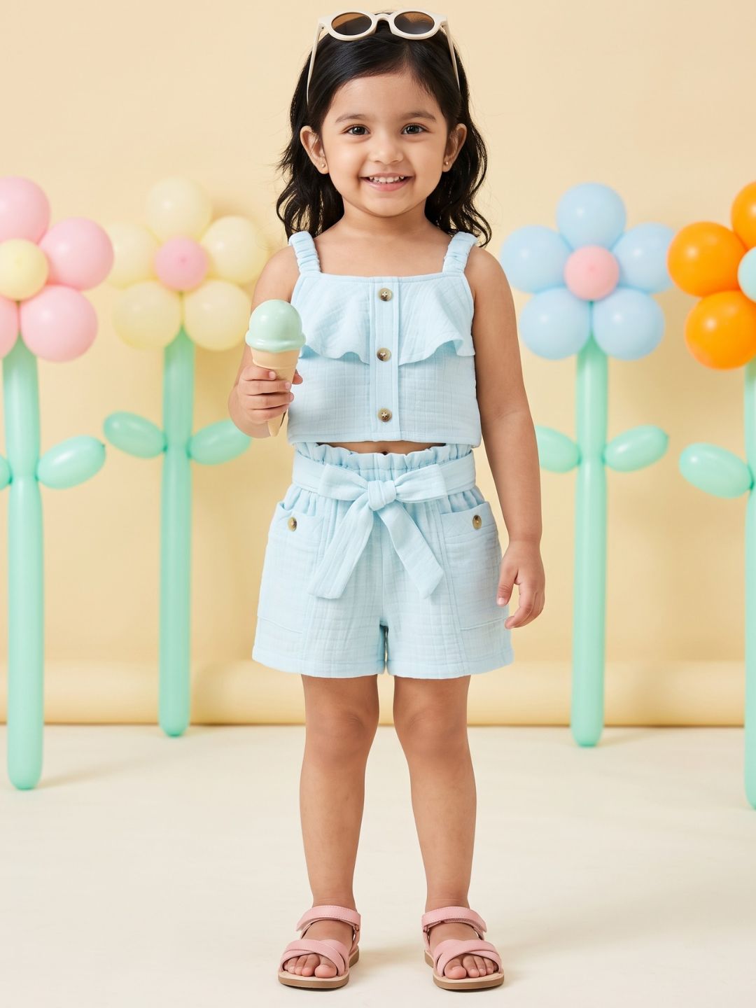 Blue Textured Cotton Co-Ords For Girls