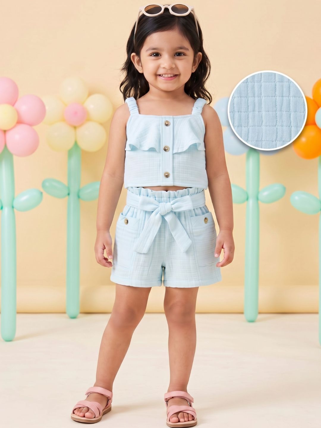Blue Textured Cotton Co-Ords For Girls