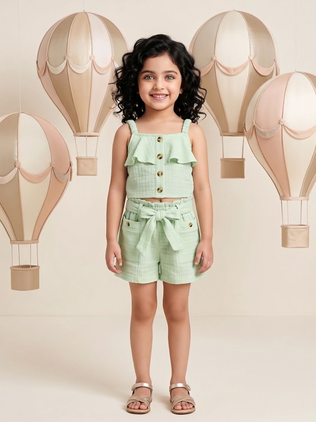 AJ Dezines Green Textured Cotton Co-Ords For Girls