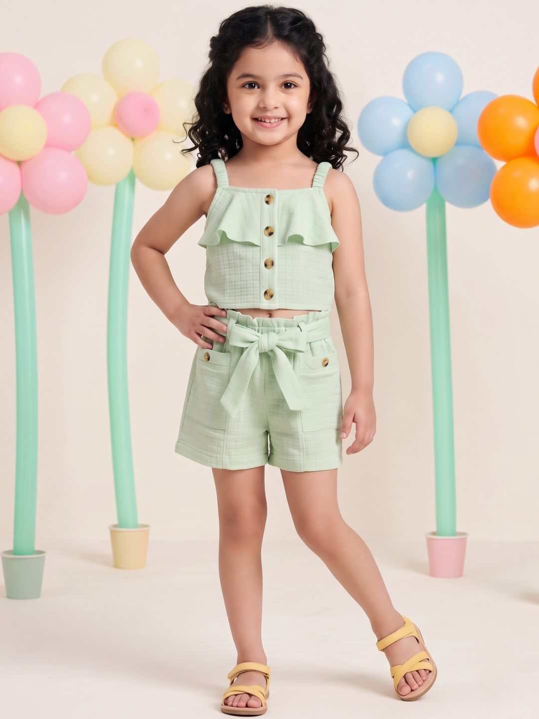 Green Textured Cotton Co-Ords For Girls