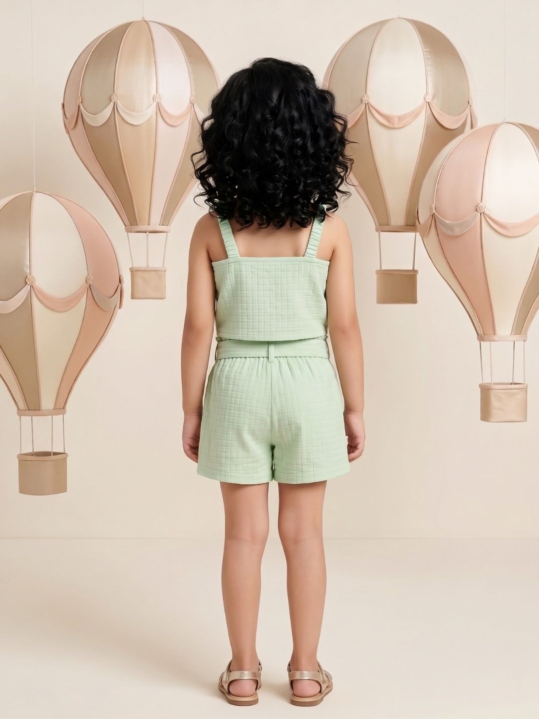 AJ Dezines Green Textured Cotton Co-Ords For Girls