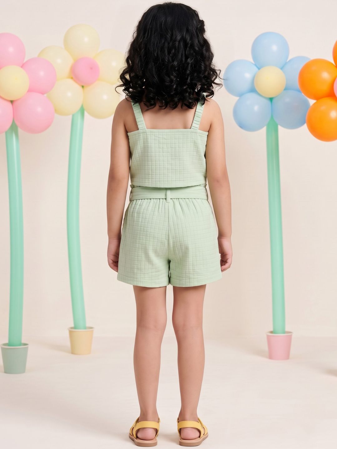 Green Textured Cotton Co-Ords For Girls