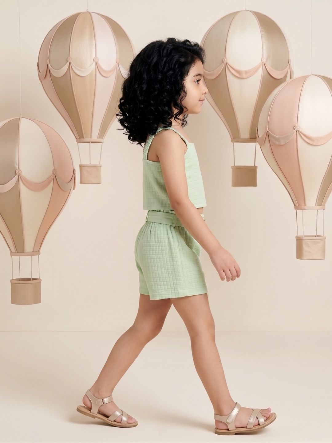 AJ Dezines Green Textured Cotton Co-Ords For Girls