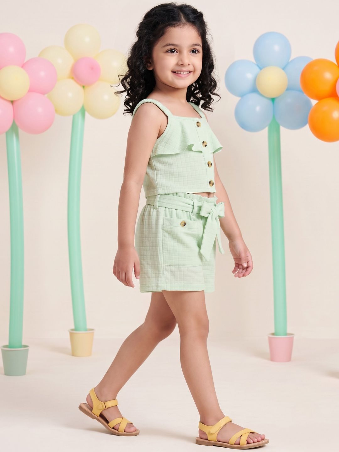 Green Textured Cotton Co-Ords For Girls