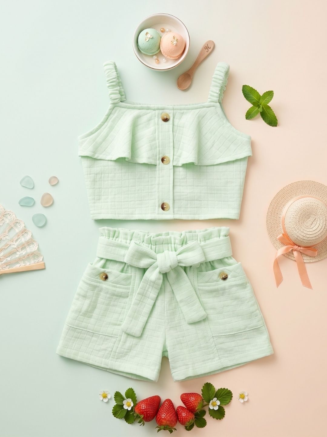 AJ Dezines Green Textured Cotton Co-Ords For Girls