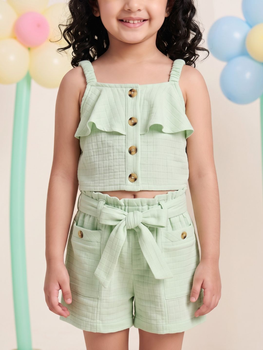 Green Textured Cotton Co-Ords For Girls