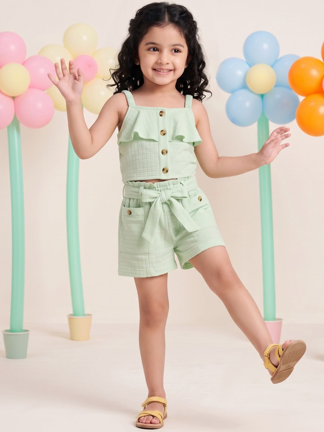 Green Textured Cotton Co-Ords For Girls