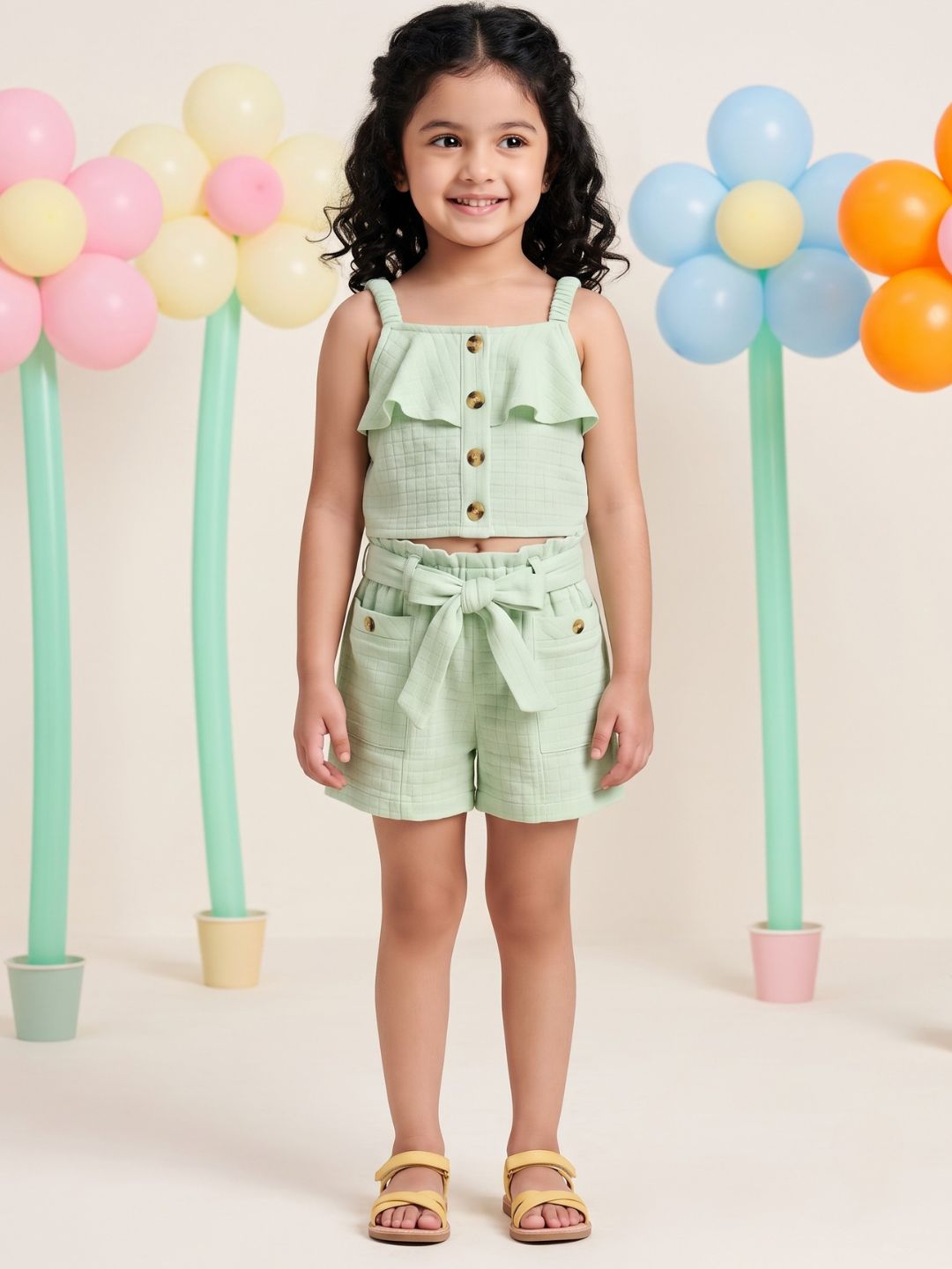 Green Textured Cotton Co-Ords For Girls