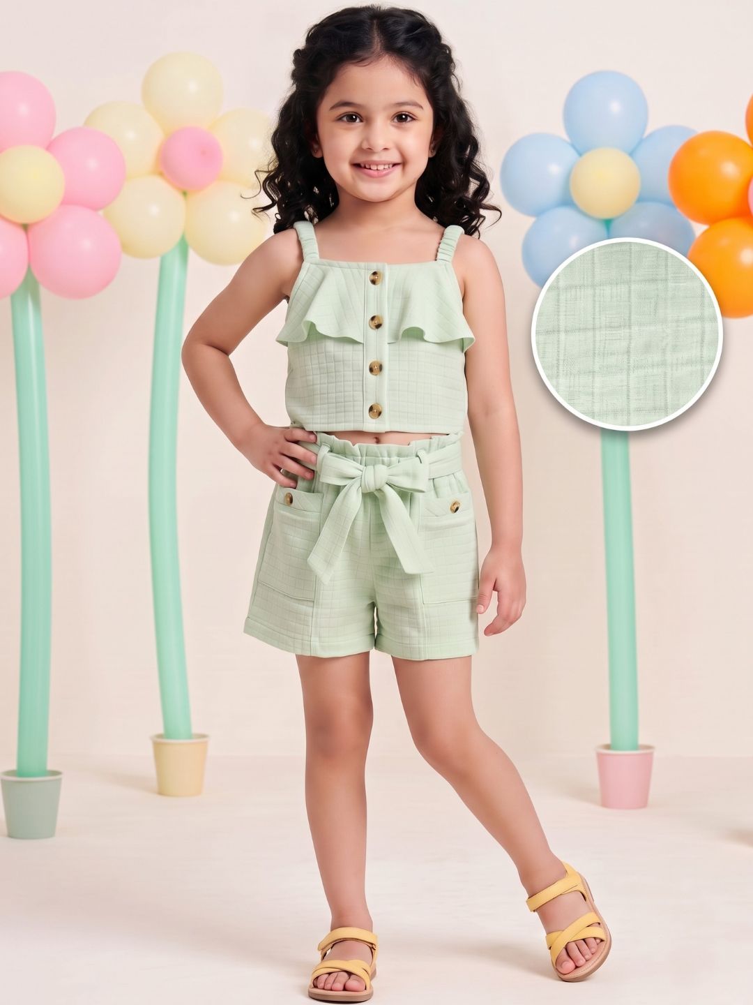 Green Textured Cotton Co-Ords For Girls