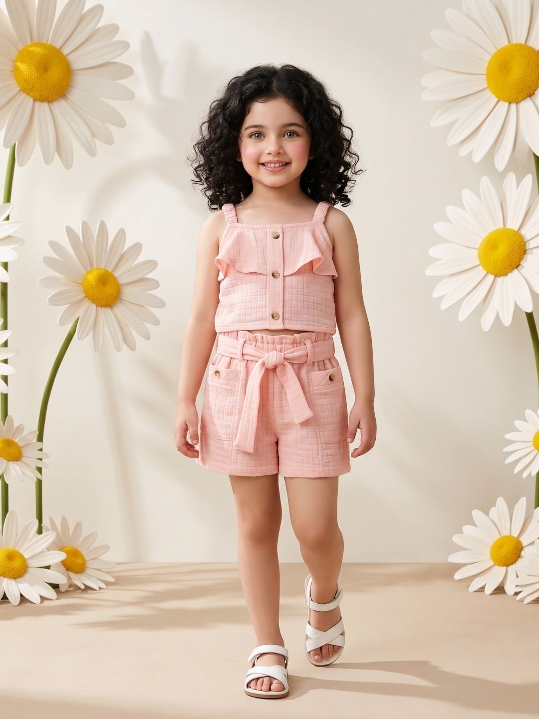 AJ Dezines Peach Textured Cotton Co-Ords For Girls