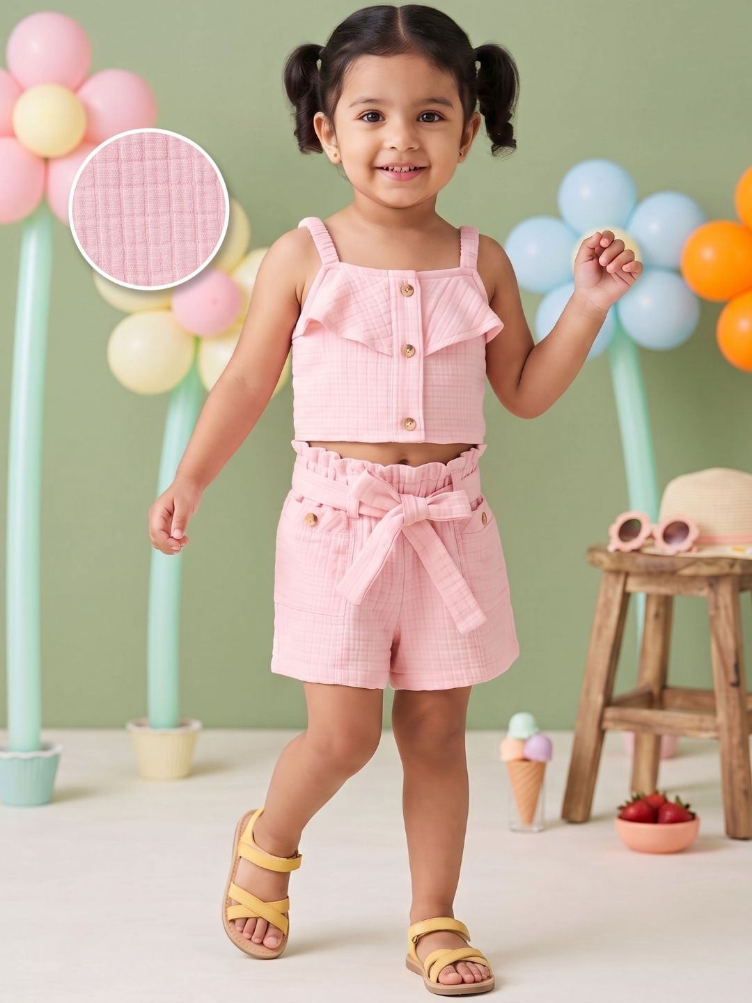 Pink Textured Cotton Co-Ords For Girls
