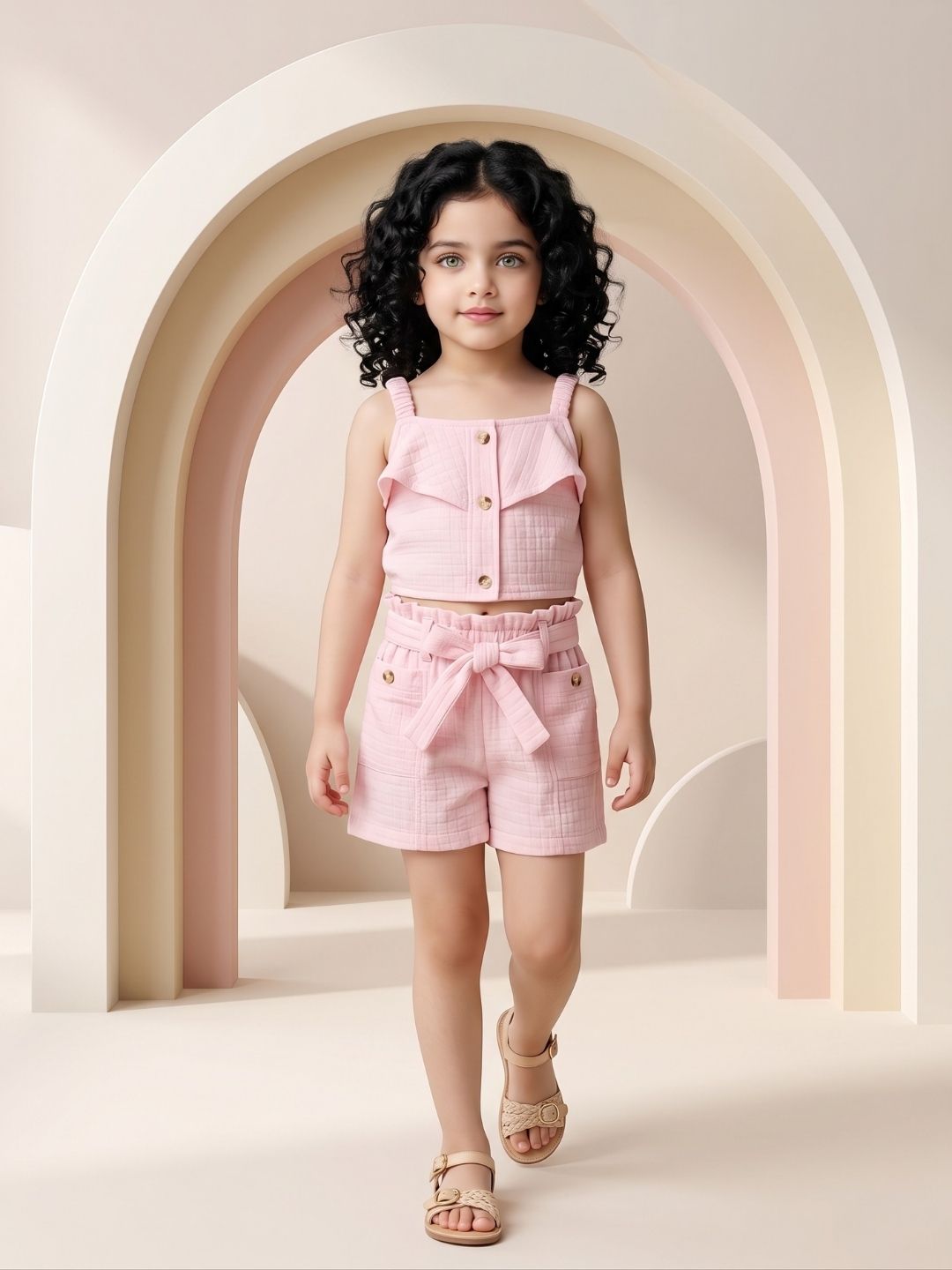 AJ Dezines Pink Textured Cotton Co-Ords For Girls