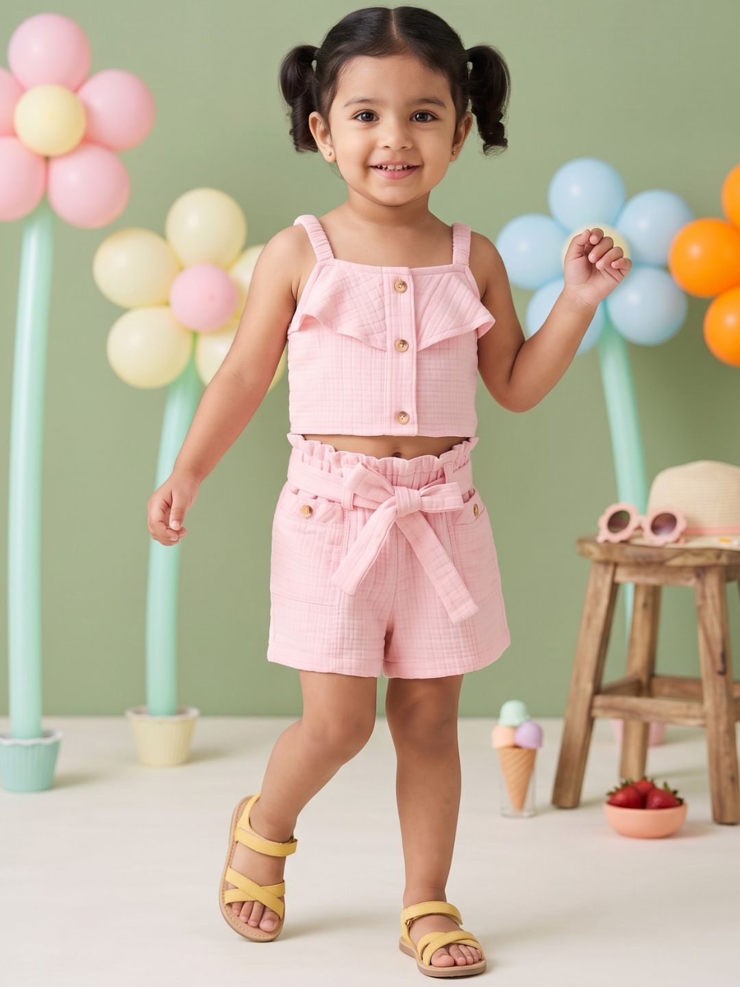 Pink Textured Cotton Co-Ords For Girls