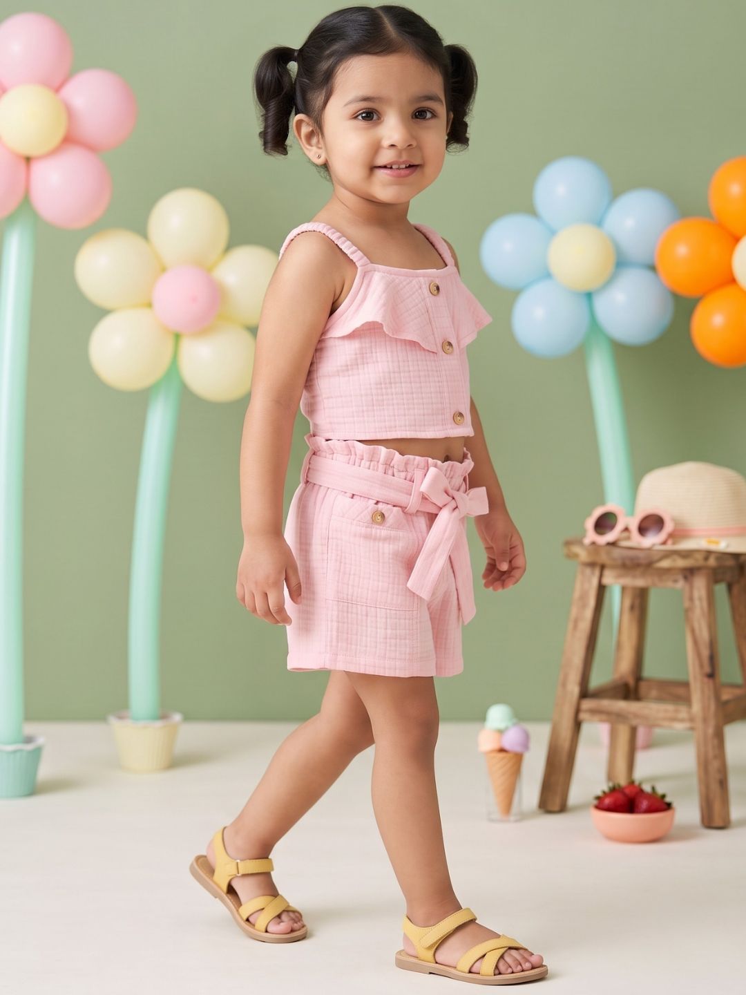 Pink Textured Cotton Co-Ords For Girls