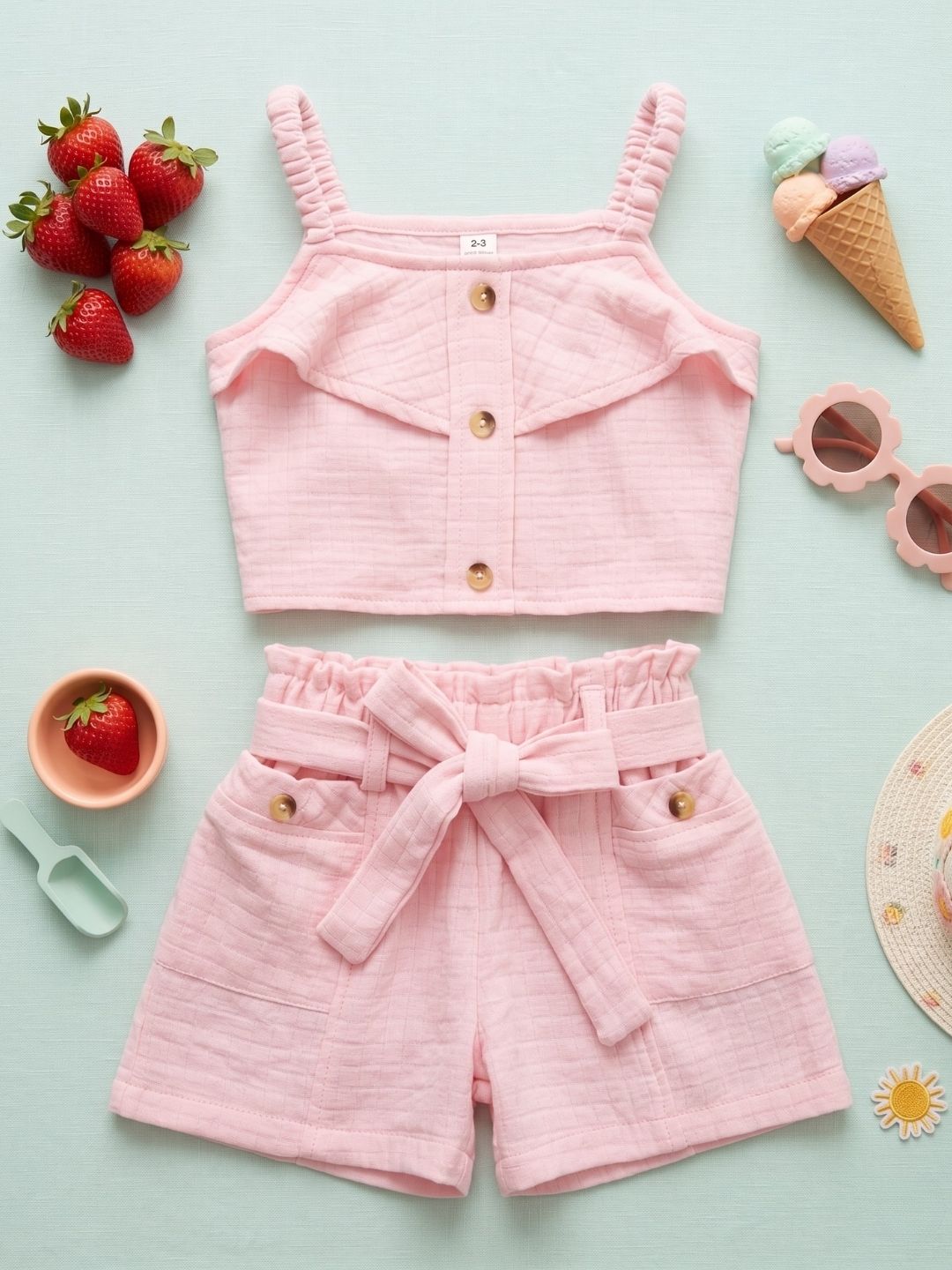 AJ Dezines Pink Textured Cotton Co-Ords For Girls