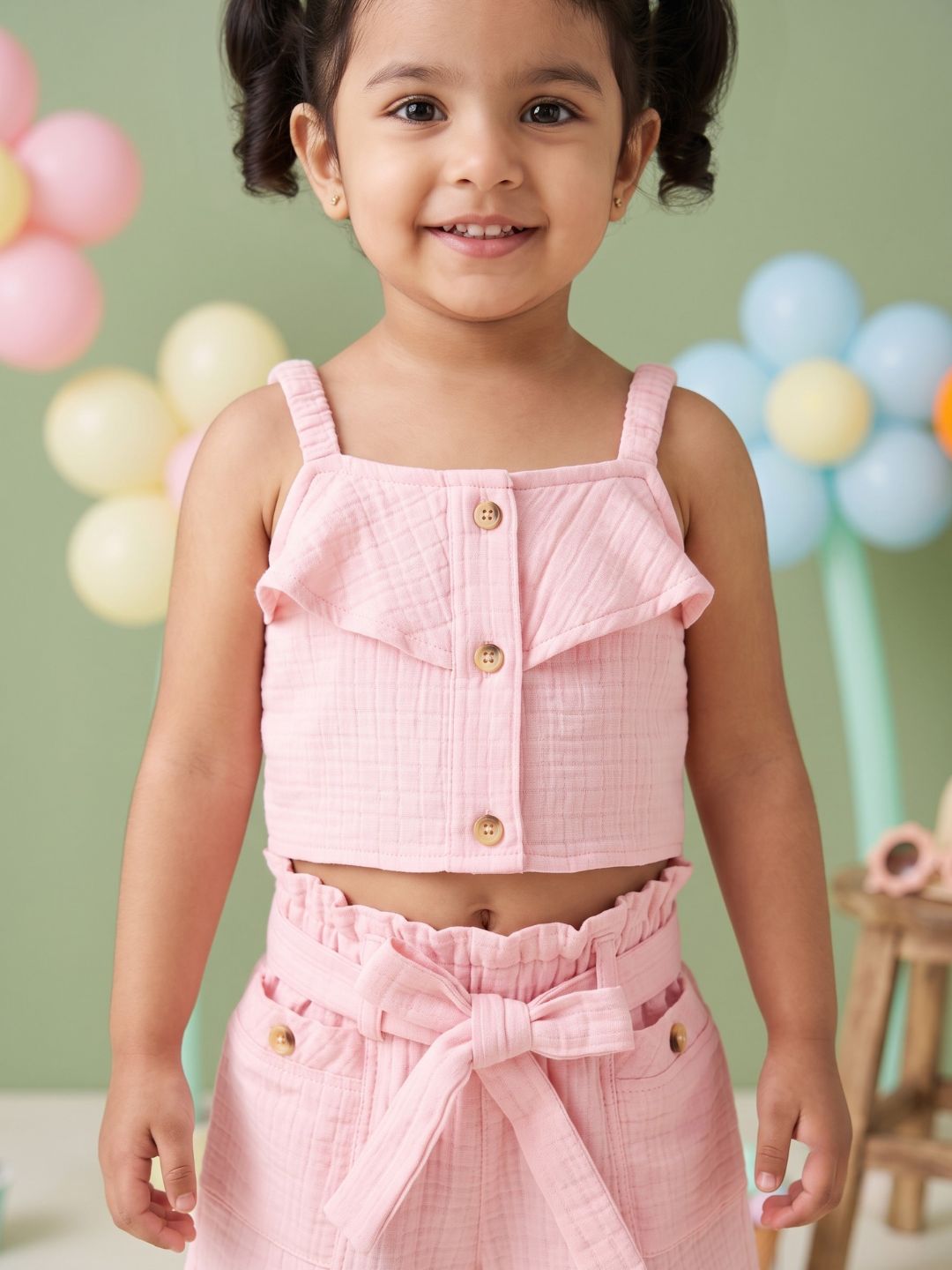 Pink Textured Cotton Co-Ords For Girls