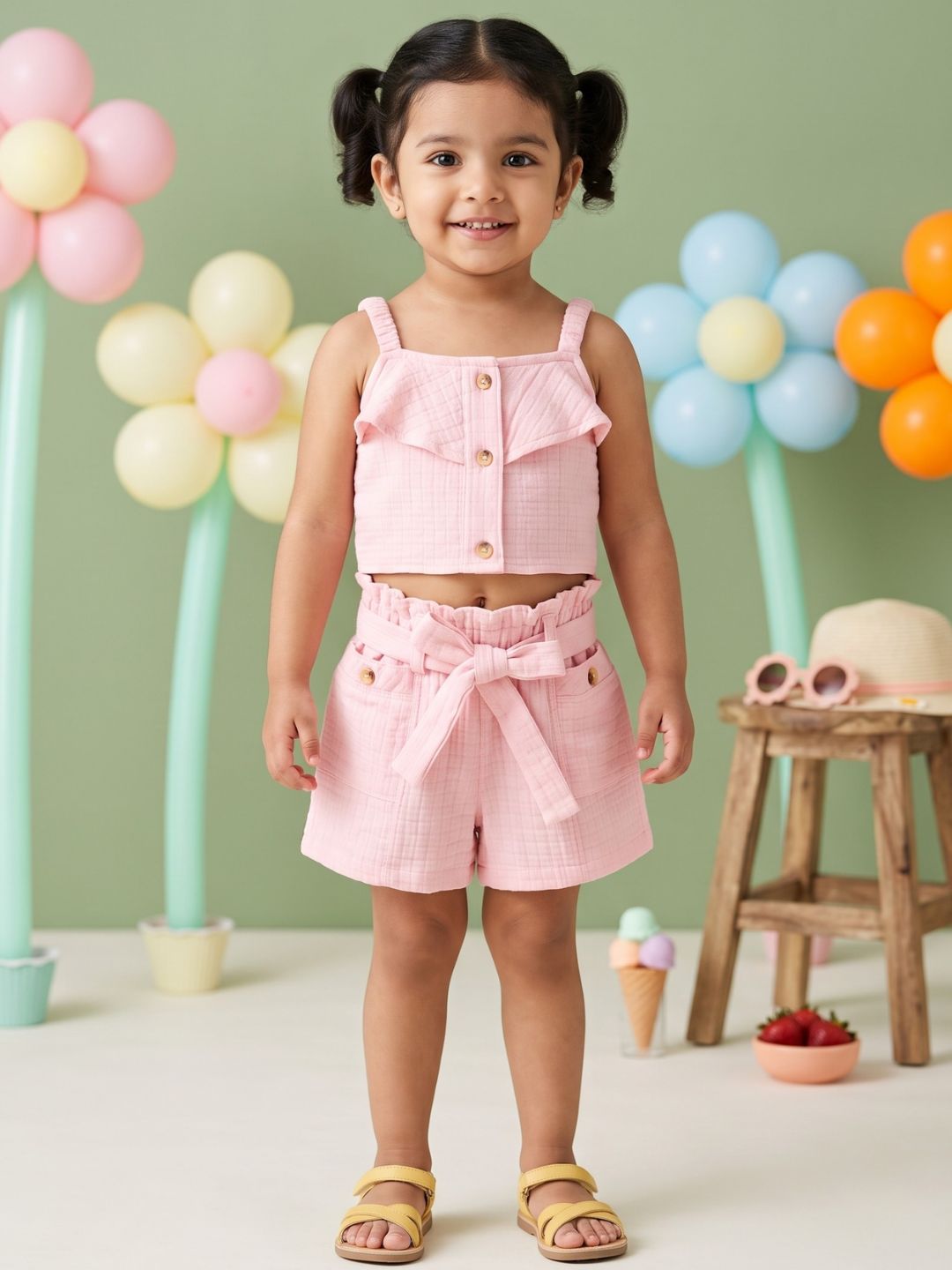 Pink Textured Cotton Co-Ords For Girls
