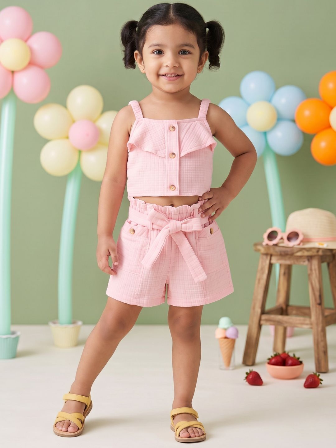 Pink Textured Cotton Co-Ords For Girls