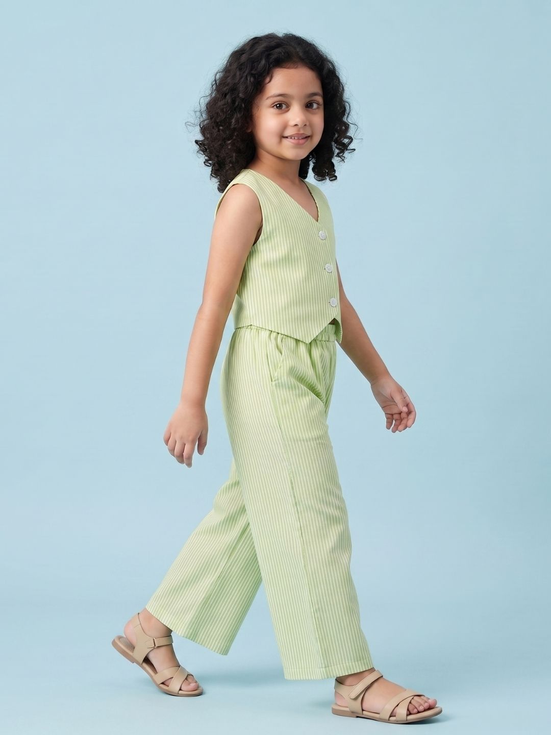 AJ Dezines Green Stripes Cotton Co-Ords For Girls