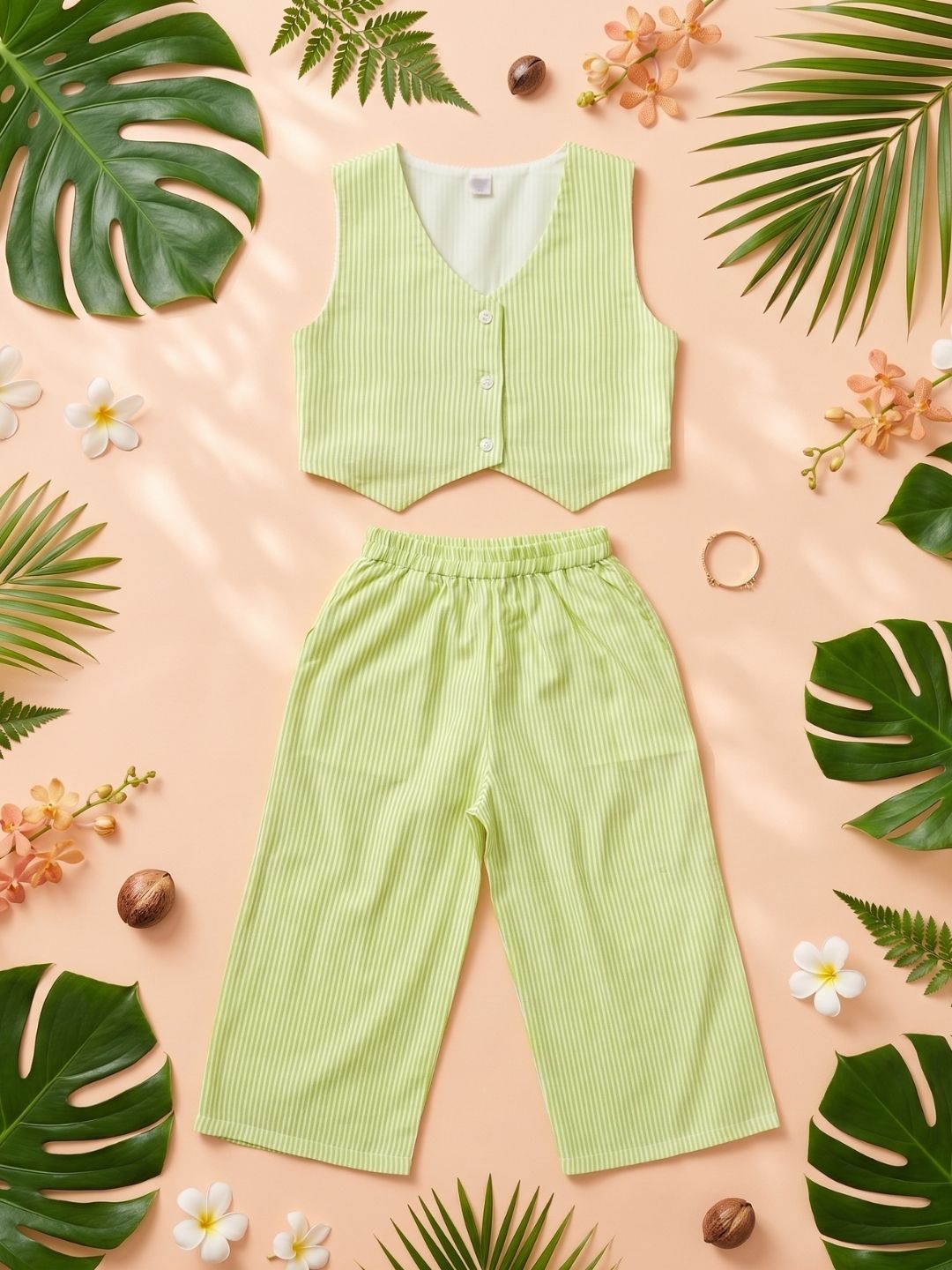 AJ Dezines Green Stripes Cotton Co-Ords For Girls