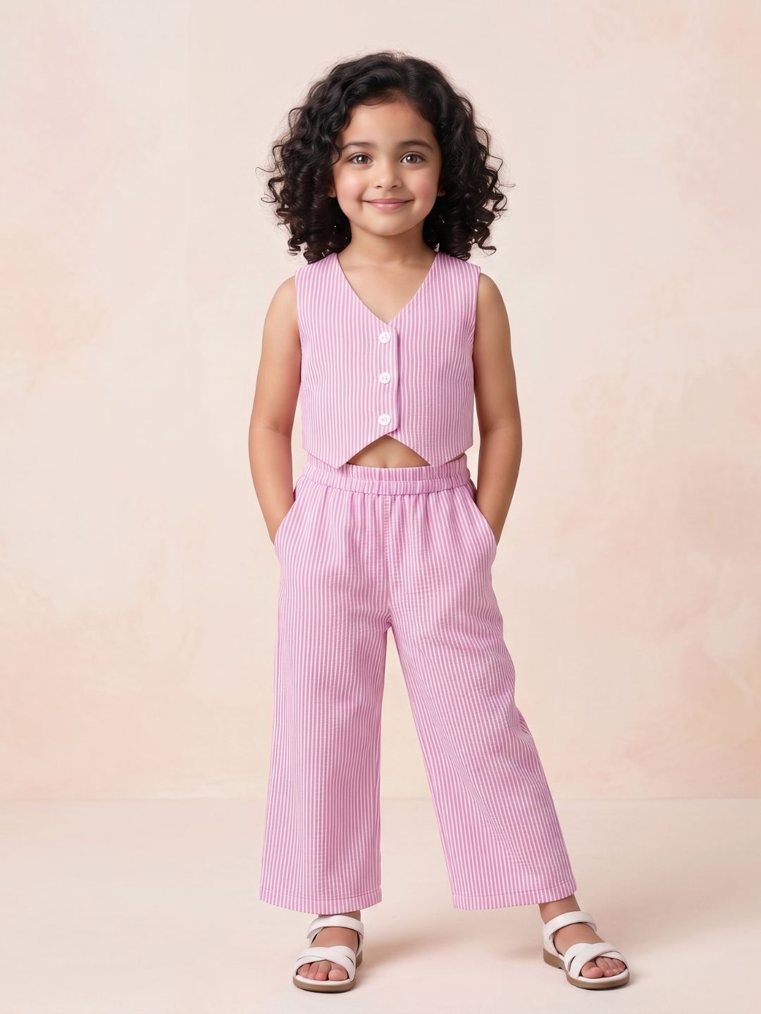 AJ Dezines Pink Stripes Cotton Co-Ords For Girls