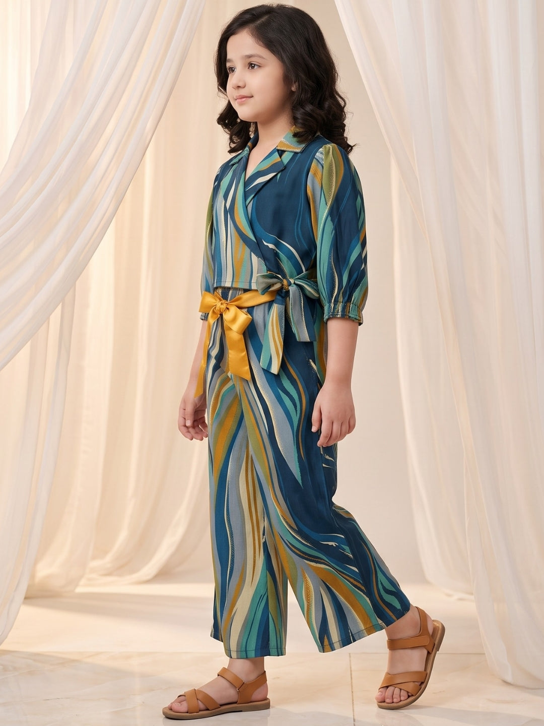 AJ Dezines Blue Gold Foil Effect Print Pure Cotton Co-Ords Set For Girls