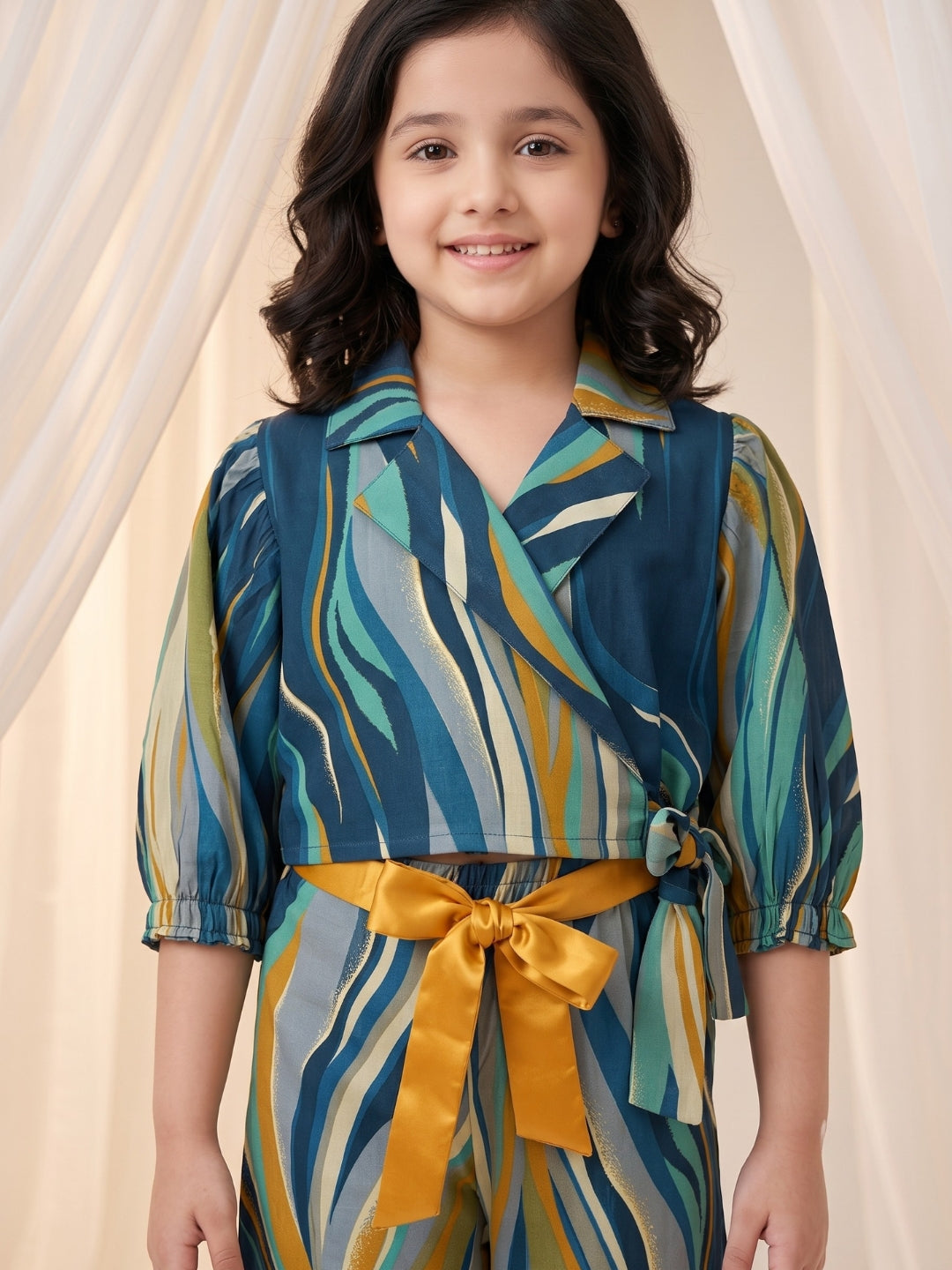 AJ Dezines Blue Gold Foil Effect Print Pure Cotton Co-Ords Set For Girls