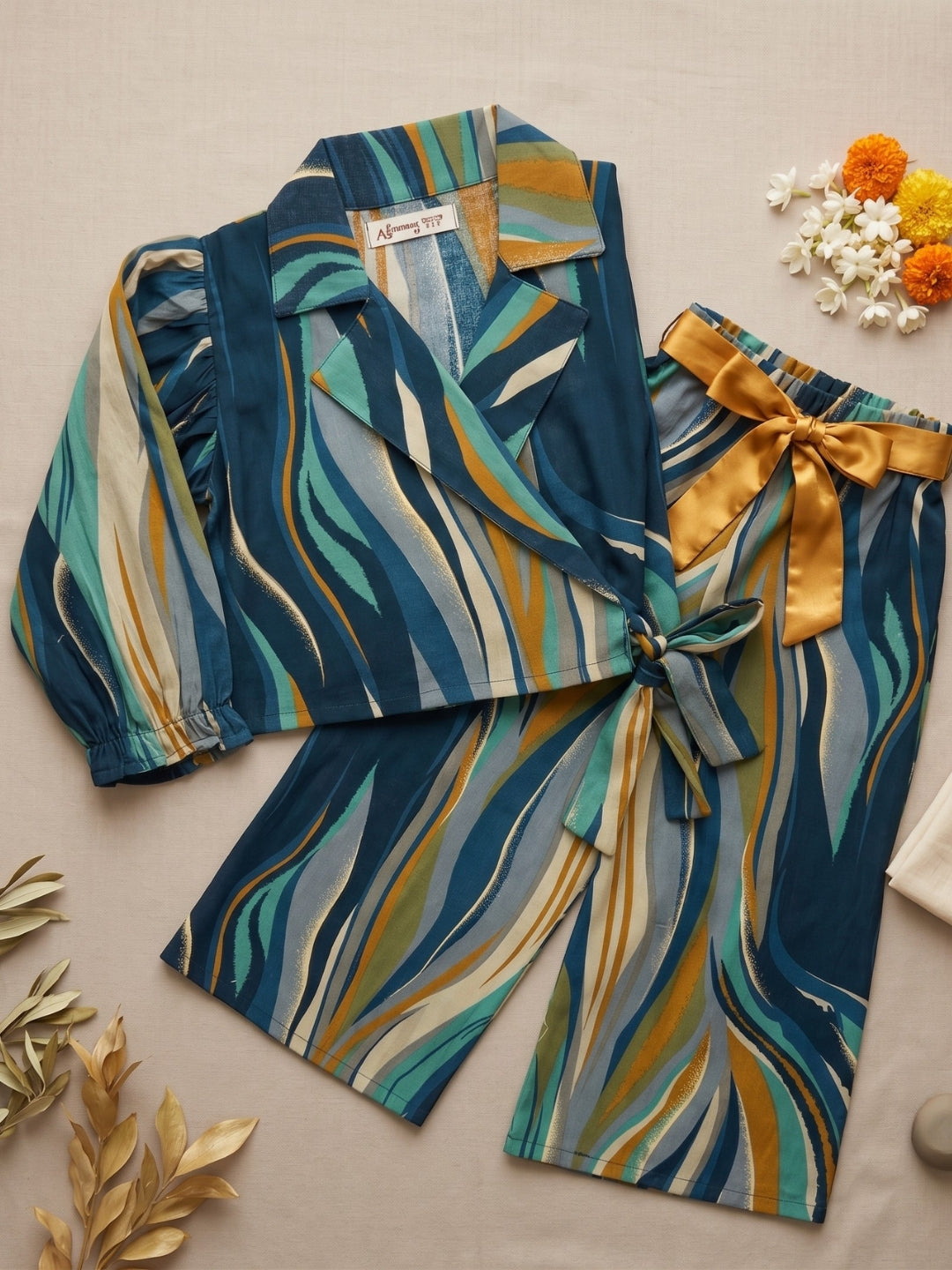 AJ Dezines Blue Gold Foil Effect Print Pure Cotton Co-Ords Set For Girls