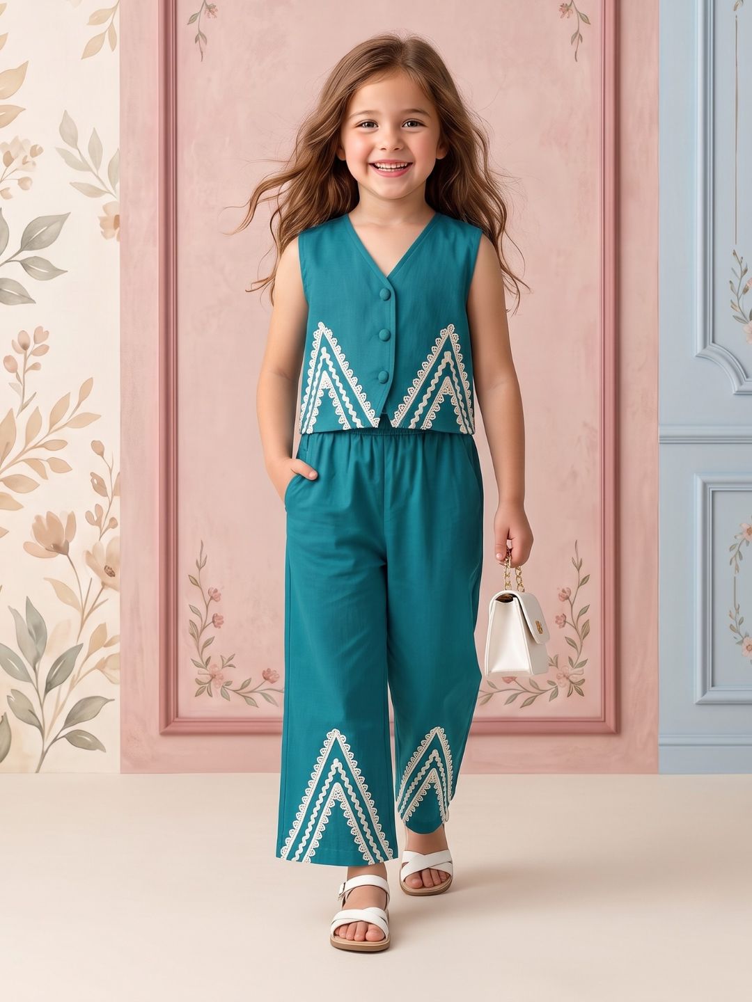 AJ Dezines Firozi Solid with lace Pure Cotton Co-Ords Set For Girls