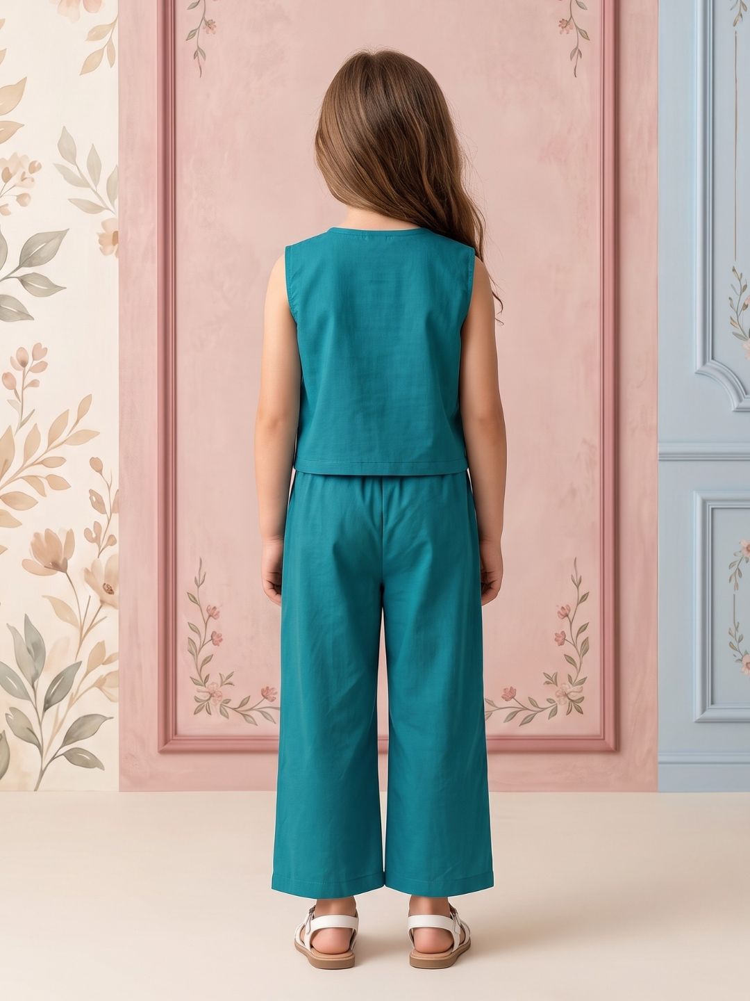 AJ Dezines Firozi Solid with lace Pure Cotton Co-Ords Set For Girls