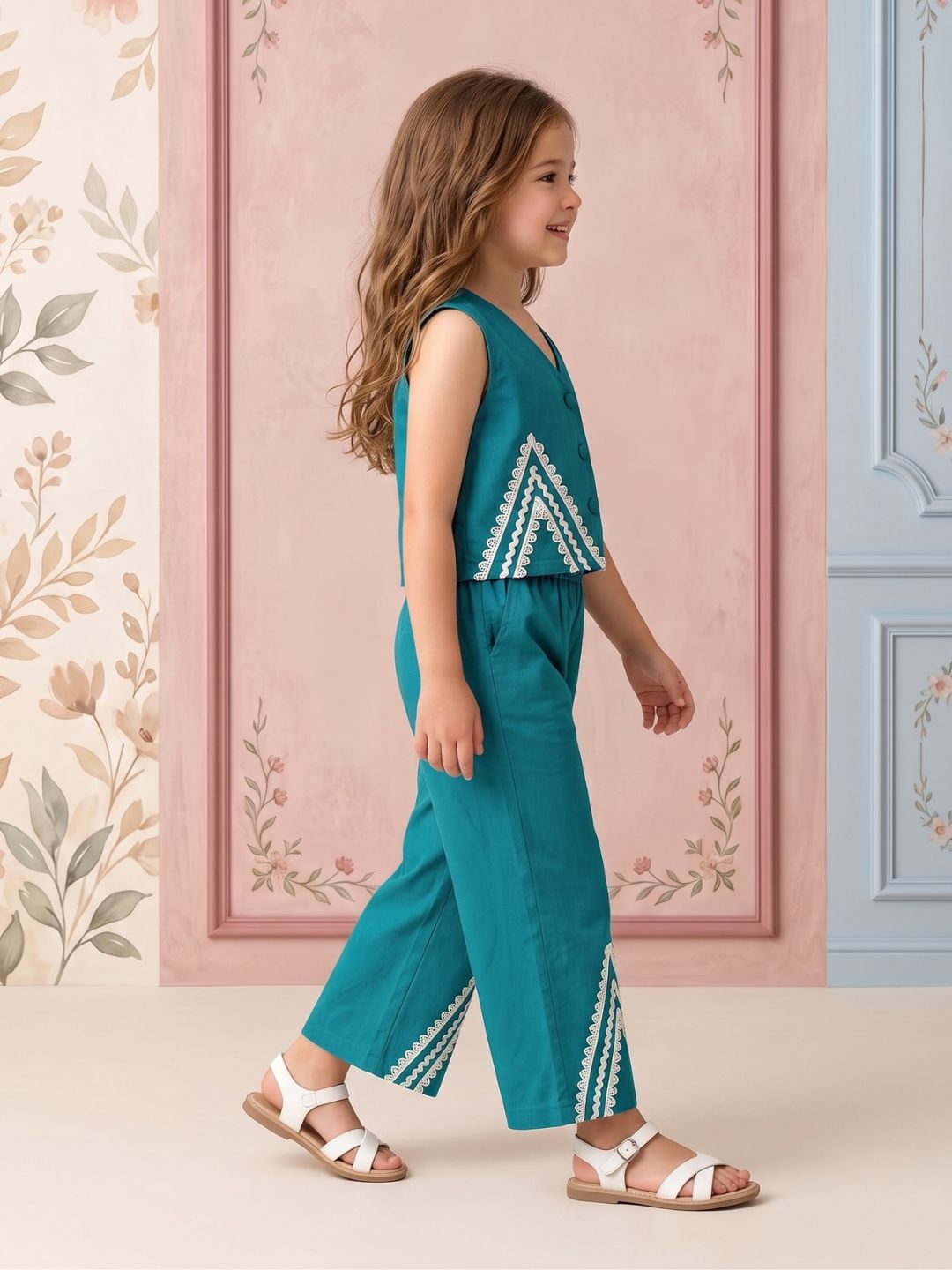AJ Dezines Firozi Solid with lace Pure Cotton Co-Ords Set For Girls