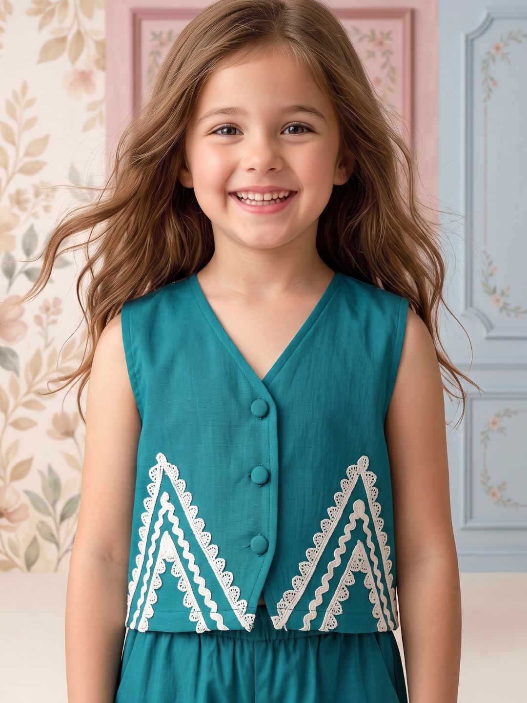 AJ Dezines Firozi Solid with lace Pure Cotton Co-Ords Set For Girls